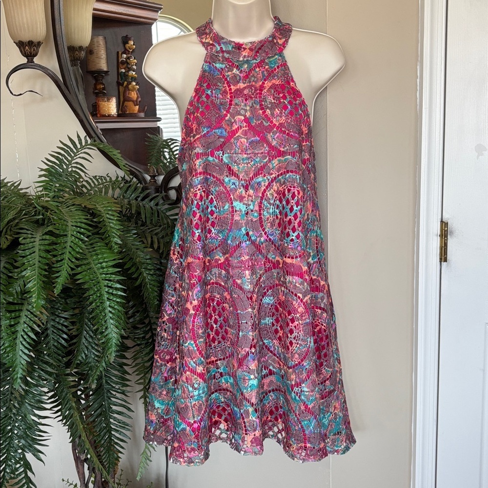 Judith March Colorful Pink & Teal Lace Overlay High Neck Halter Lined Mini Dress